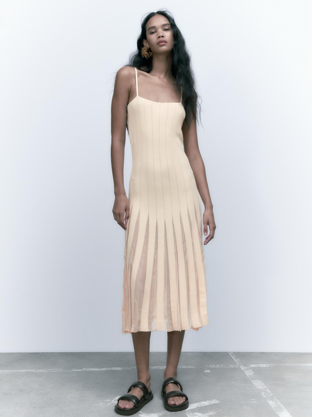 Zara Cream Ribbed Pleated Midi Dress
